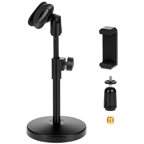 QWORK® Soporte microfono mesa multifuncional, pie de microfono ajustable con clip teléfono móvil, conector de 5/8 pulgadas a rosca de 3/8 pulgadas, para conferencias, transmisiones en vivo