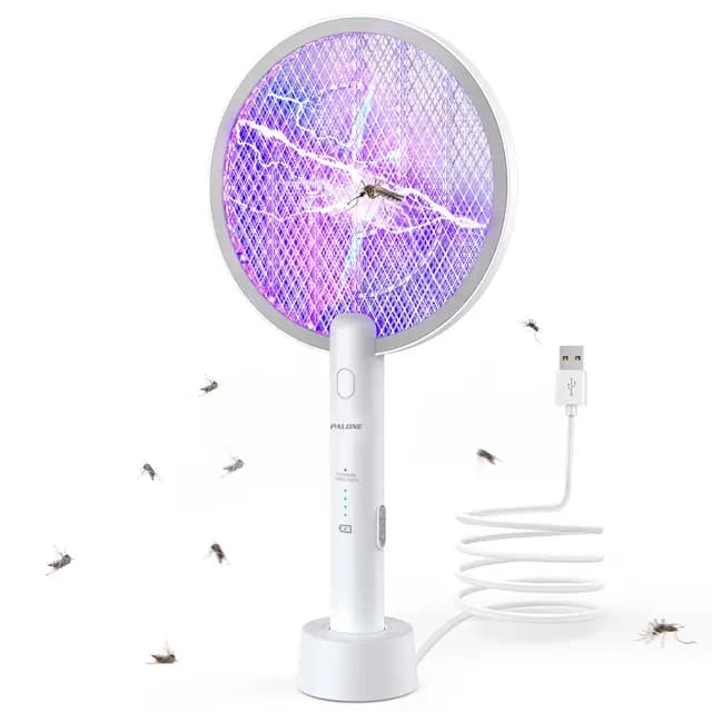 PALONE Raqueta Mosquitos Electrica 2 en 1, 4000V Raqueta Matamoscas Electrica Recargable vía USB con Base de Carga, Elimina Mosquitos e Insectos Voladores para Interior y Exterior (Blanco)