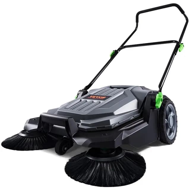 VEVOR Barredora de Suelo de Empuje, Barredora Mecánica, Ancho de Barrido 65 cm, Escoba Manual, Contenedor de Residuos 18.9 L, Mango Plegable Ajustable en Ángulo y Altura, para Jardines, Garajes