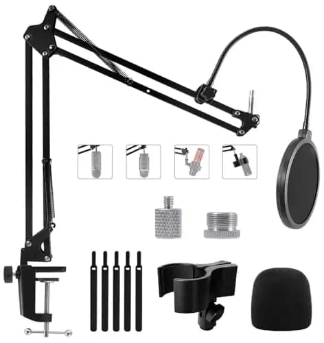 Brazo de Micrófono, Soporte de Micrófono para Blue Yeti, Nano, HyperX QuadCast, SM7B, Elgato Wave, Fifine K688, AT2020 y Más Micrófonos con Tornillo de 5/8" 1/4", Filtro Pop, Mic Clip