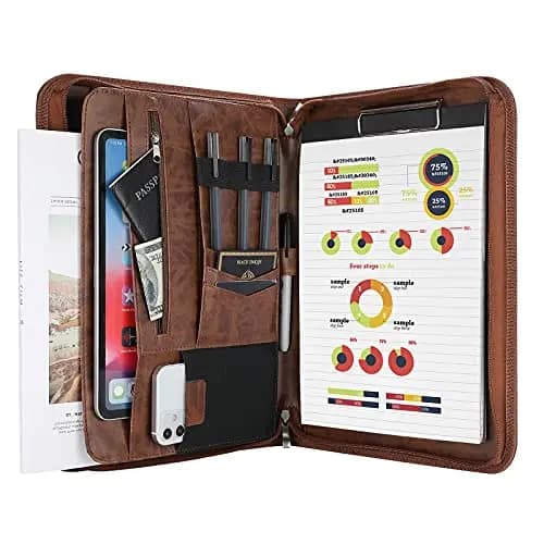 ProCase Portafolio Grande con Cremallera, Portacuaderno Profesional Organiza Documento/Tarjetas/Plumas, Bolsillo de Tableta y Móvil Carpeta de Cuaderno de Notas, Útil para Escuela y Trabajo - Marrón