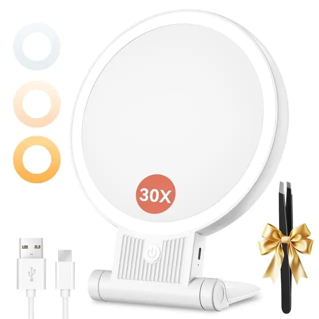 Auxmir Espejo Maquillaje con Luz LED, 30X/1X Aumento Doble Cara, 72 Leds 3 Colores Luces y Brillo Regulable, 2000mAh Recargable por USB, Colgable de Pared, Portátil para Bolso y Viajes, Blanco