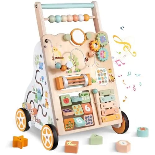 Andador de Madera para Bebé con Ruedas – Baby Juguete Montessori para Aprender a Caminar – Centro de Actividades para Niños y Niñas de 1 Año – Altura y Velocidad Ajustables – bebés 12+