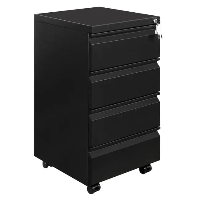 Cajonera móvil, Archivador Metálico con Cerradura, 4 Llaves, 4 Cajones, Premontado, para Oficina, Oficina en Casa, Negro