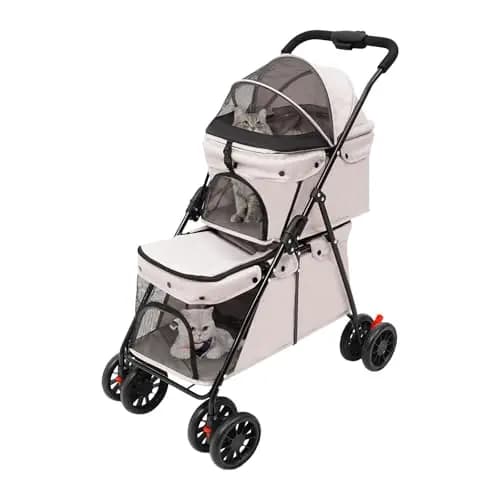 Carrito para mascotas de 2 capas para perros y gatos, plegable con ventana de red, freno y bolsa de almacenamiento, marco estable de acero al carbono, soporta hasta 40 kg, 95 x 60 cm (gris)