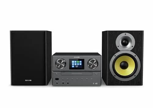Philips TAM8905 Sistema de música Micro 100W, Bluetooth, Spotify Connect, Radio por Internet, Dab+, CD, USB, Altavoces Bass-Reflex, Control Digital de Sonido, diseño clásico con Pantalla a Color