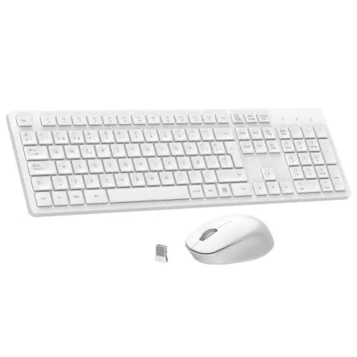 LeadsaiL Teclado y Raton Inalámbrico, Teclado y Raton Inalambrico Ergonómico, Español QWERTY, Tamaño Completo con Teclado Numérico, Receptor USB 2.4 GHz for Mac, PC, Ordenador Portátil-Blanco