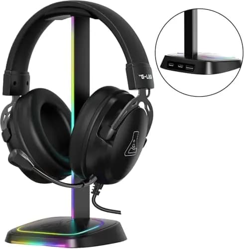 The G-Lab K-Stand Neon RGB HUB – Soporte Auriculares con Iluminación RGB – Soporte Cascos Gaming con HUB USB-A/USB-C y Botón ON/Off | Accesorio Gaming para PC PS5 Xbox Switch – Regalo Gamer | Nuevo