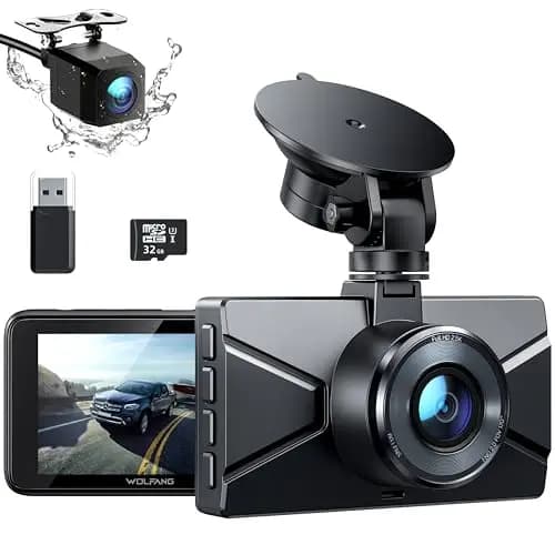 WOLFANG Cámara de Coche Delantera y Trasera 2.5K QHD, Dashcam de Doble Lente para Coches de 170º Gran Angular Monitor de Aparcamiento 24H con Grabación en Bucle y Sensor G