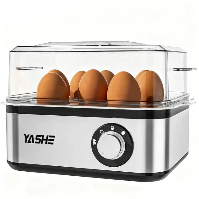 YASHE Cocedor de huevos, 8 huevos duros, para escalfar huevos, recipiente para tortillas y vaso medidor, Fabricado en acero inoxidable, Incluye función para escalfar huevos, libres de BPA