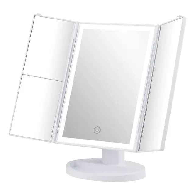 GRIFEMA, GF1001W Espejo Maquillaje con Luz, Espejo de Vanidad LED Triple con Aumento 1X/2X/3X Espejo de Vanidad, Rotación Ajustable 180°, Interruptor Táctil,Fuente de Alimentación Dual, Blanco