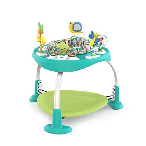 Bright Starts, Saltador y Mesa de Actividades Bounce Bounce Baby 2 en 1, Crece con Bebé, 7 Jugetes Interactivos, Sonidos y Música, Verde, 6 Meses+