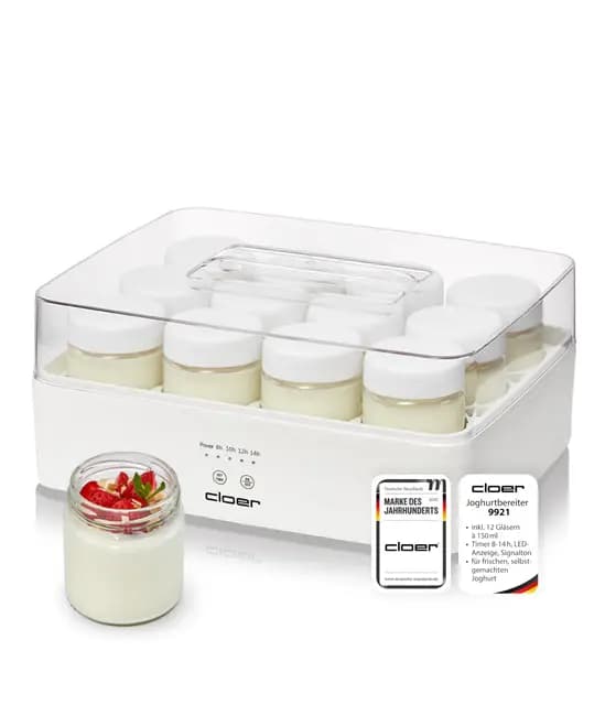 Cloer 9921 Yogurtera para 12 tarros de 150 ml, máquina para yogur casero, temporizador 8–14 h, pantalla LED, señal acústica, carcasa de plástico con tapa transparente, blanca, 17 W