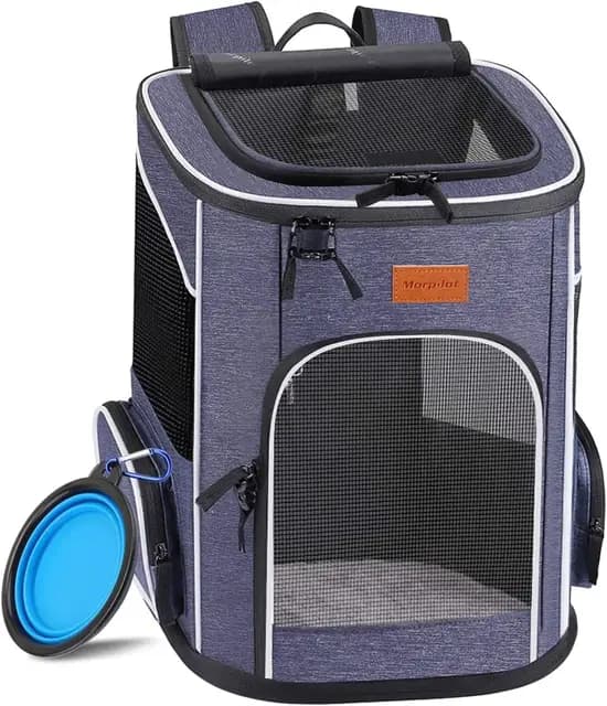 morpilot Mochila Transportín Perro, Mochila Transportín Gato Bien Ventilado con Correa de Seguridad Interior, Bolsa de Transporte para Para Gatos y Perros Pequeños Azul (32 x28 x42cm) + Tazón Plegable