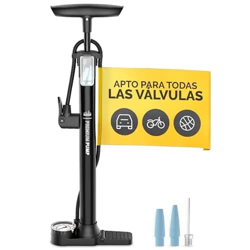 DANSI Bomba de pie para Bicicleta con Todas Las válvulas AV, SV, DV - Bomba de Aire con manómetro Grande, adaptadores y depósito | para Motocicleta, Bicicleta eléctrica