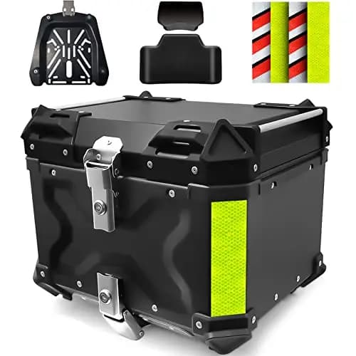 VOKKA Baul Moto, 45L Aleación de Aluminio Baúl para Motocicleta, Impermeable, Antipolvo y Antirrobo, Maleta Moto para Almacenamiento Casco, con Respaldo y Placa de Montaje (Negro)