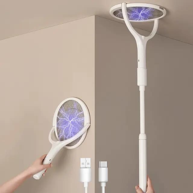 GeckoMan Cabeza Giratoria Raqueta Mosquitos Eléctrica Recargable Raqueta Matamoscas Eléctrica Matamoscas Eléctrico Mata Moscas, con una Extensión Telescópica
