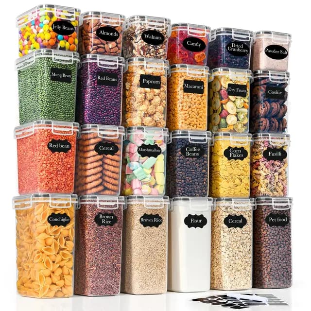 GoMaihe Juego de 24 tarros herméticos tapa: tarros para guardar alimentos con etiquetas y marcadores | Cajas de cocina para cereales y copos de maíz | Sin BPA | Apto para lavavajillas