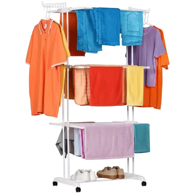 NK Tendedero Vertical Plegable con 4 Niveles - 6 Bandejas Retráctiles + 2 Alas Laterales con Soporte Perchas + Zapatero, Ruedas 360° (19m Ropa) (Blanco)