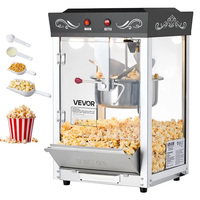 VEVOR Máquina de Palomitas con Hervidor de Acero Inoxidable, 800 W, 48 Tazas, Estilo Cine, con 2 Botones de Control, Pared de Cristal, Puerta de Policarbonato, 1 Cucharada y 3 Cucharas, Negro