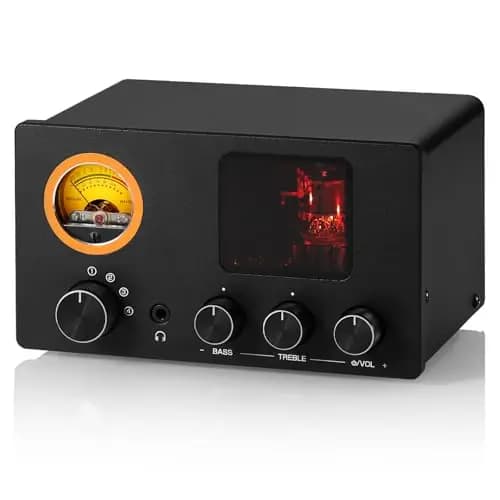 Preamplificador de válvulas Douk Audio TUBE-T5C: Amplificador de auriculares con medidor VU, selector RCA de 4 vías y control de sonido para receptor, amplificador, altavoz y auriculares de 16-600 Ω.