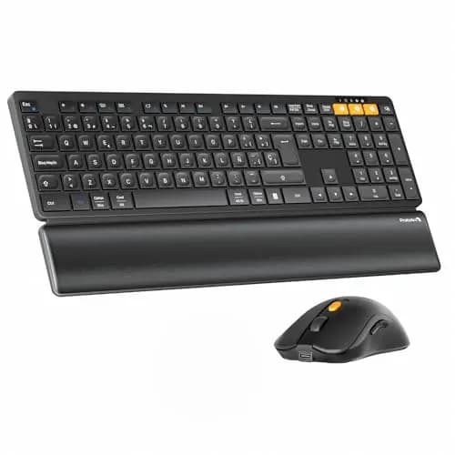 ProtoArc Teclado y Ratón Inalámbrico Bluetooth, KM60 Teclado de tamaño Completo con Reposamuñecas, Recargable, 2,4 GHz + 2*Bluetooth, para Ordenador Portátil, PC, Mac y Windows, QWERTY Español, Negro