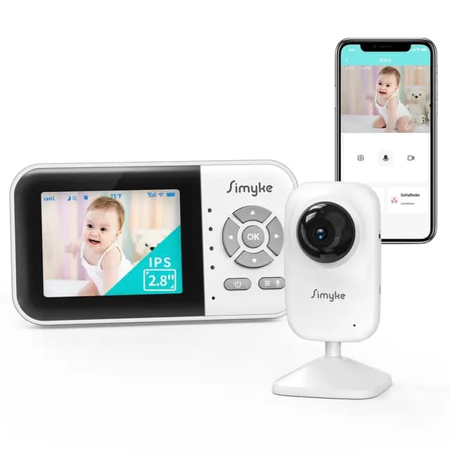 Simyke Vigilabebes con Camara WiFi y Pantalla de 2,8",Monitor Bebe con App, Audio Bidireccional,Vision Nocturna Automatica, VOX, Sensor de Temperatura, Canciones de Cuna y Largo Alcancepara el Hogar