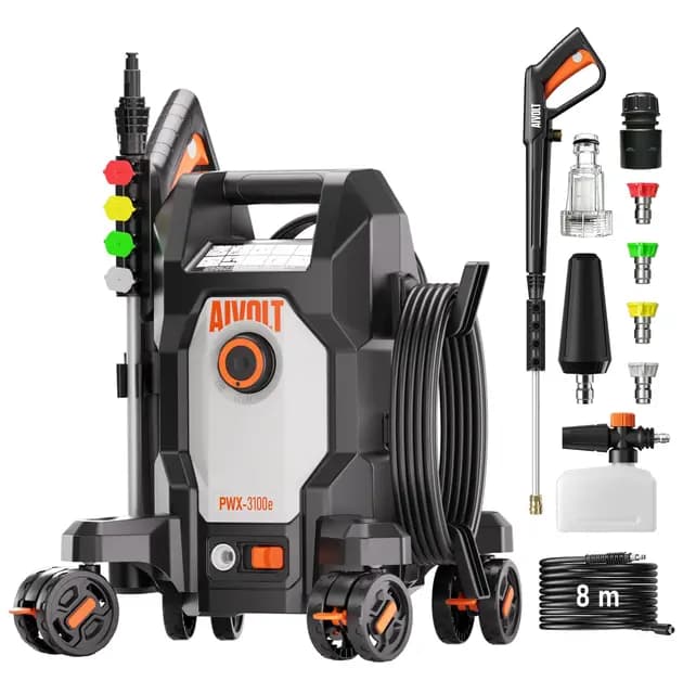 AIVOLT Hidrolimpiadora de Alta Presión 1800W con 5 Boquillas de Modos Diferentes y Manguera de 7,6 Metros, Caudal Máx 360 L/H, 170 Bares para Hogar, Suelos de Jardín, Cristales y Coche ect.