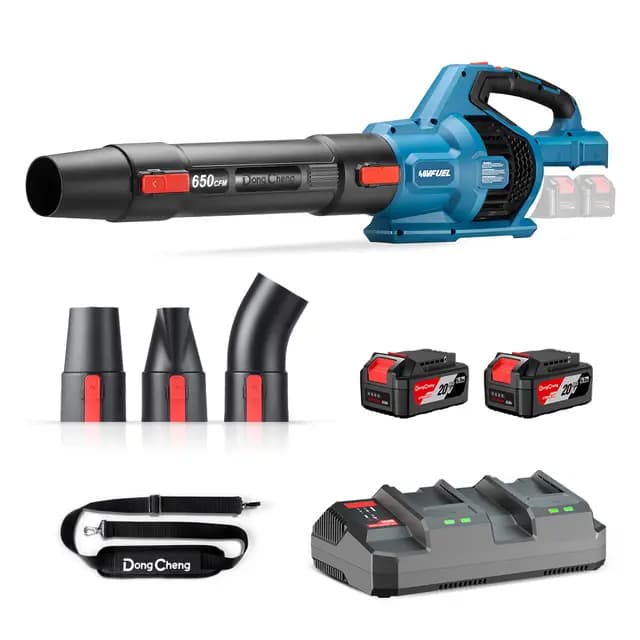 Dong Cheng Soplador de Hojas a Batería 2x20V, Caudal 1105 m³/h, Velocidad del Aire de hasta 225 km/h, 2 Baterías 4,0Ah, 6 Velocidades, Modo Turbo, 3 Boquillas, para Jardín, Calles, Nieve y Obra