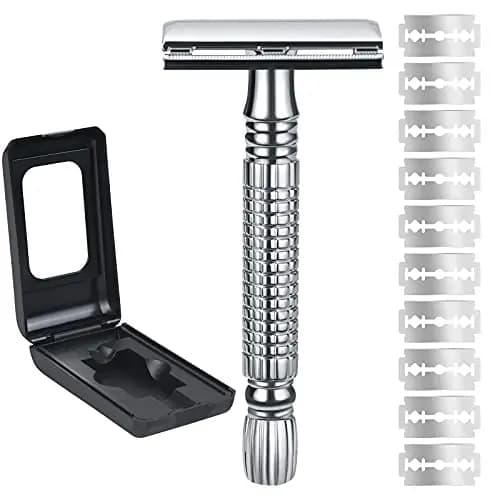 URAQT Maquinilla de Afeitar Clásica, Set de Afeitado con 10 Cuchillas de Recambio, Afeitadora de Seguridad Manual con Espejo Integrado, Tradicional, Zinc, para Mujeres y Hombres, Plateado
