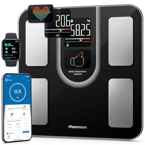 Báscula de Baño Inteligente con Gran Pantalla VA, Báscula Grasa Corporal y Muscular con 22 Métricas (Frecuencia Cardíaca, IMC), Balanza Peso Corporal Digital, Compatible iOS & Android, Máx. 180kg