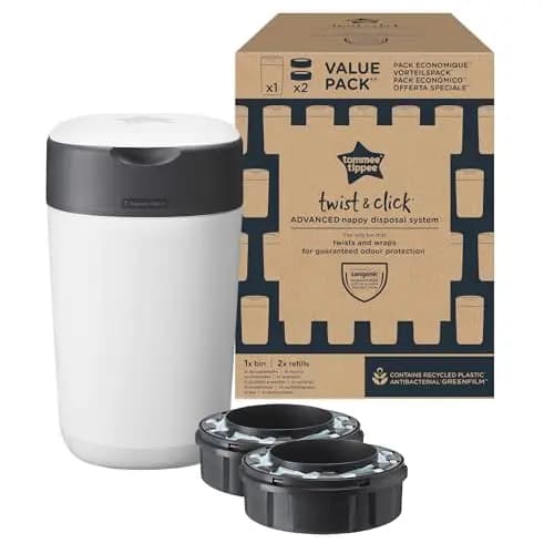 Tommee Tippee Contenedor para pañales Twist & Click, Pack Exclusivo con x2 Recambios incluidos, Protección garantizada contra malos olores y gérmenes, Gran capacidad