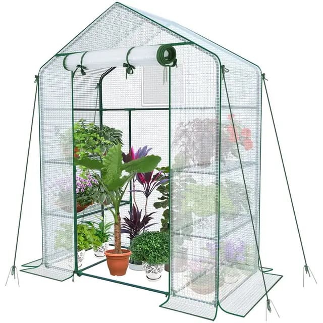 VOUNOT® Invernadero de Jardín 143x73x195 cm Vivero Casero Plantas Cultivo con Puerta Enrollable y Ventana, Invernadero Huerto Caseta de Jardín 4 Estantes para Plantas Macetas Flores, Blanco