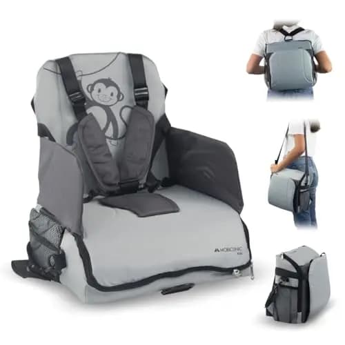 Mobiclinic ®, Trona portátil bebé, Monkey, De viaje, 6 a 36 meses, Hasta 15kg, Plegable, Arnés ajustable 5 puntos, Con almacenamiento, Silla bebe, Color gris