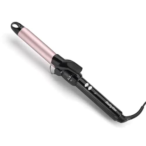 BaByliss Rizador de 25 mm - Tenacilla para rizar, Barril Satin Touch, 10 ajustes de Calor, Rizador de pelo con pinza, Rizos duraderos, Profesional, Negro y rosa, C325E