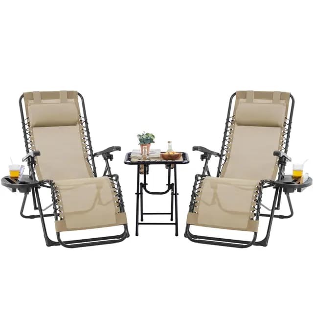 Yaheetech 2 Tumbonas o Sillas de Exterior Plegables y reclinables, con Mesa Auxiliar, Portavasos, Reposacabezas, Tumbonas de Gravedad Cero con Respaldo Ajustable, para Patio, Piscina, Beige
