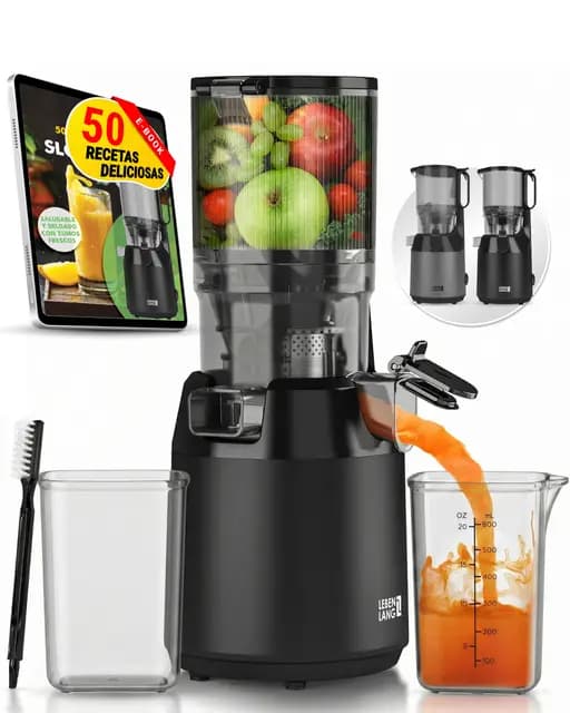 LEBENLANG Extractor de zumos y verduras - Incl. libro de recetas & gran abertura 130 mm I Perfecto para frutas enteras 100% libre de BPA I Licuadoras para batidos Slow Juicer machine prensado en frio