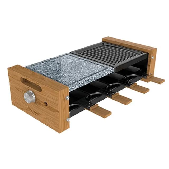 Cecotec Raclette Cheese&Grill 8400 Wood MixGrill. Potencia 1200 W, Superficie mixta Grill y Plancha, Termostato regulable, 8 Sartenes individuales, Diseño extraíble