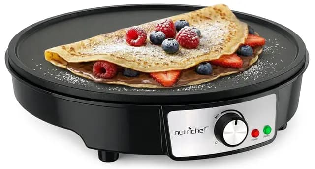 NutriChef crepera electrica, Plancha de cocina, Placa antiadherente, Luces indicadoras LED, Control de temperatura ajustable, Incluye espatula de madera y esparcidor de masa