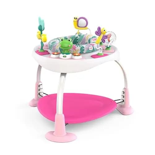 Bright Starts, Saltador y Mesa de Actividades 2en1 Bounce Bounce Playful Palms - 7 Jugetes Interactivos, Sonidos y Música, Altura Ajustable, Asiento Gira 360°, Rosa, a partir de 6 meses