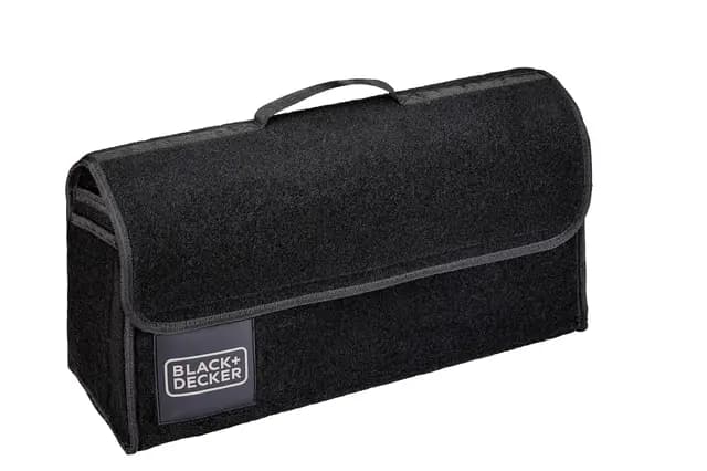 Black+Decker Organizador Maletero Coche - Organizador Coche 55 x 15 x 23 CM - Caja Plegable con 1 Compartimento Grande y 2 Bolsillos Deslizantes - Accesorios Coche y Compras - Con Velcro - Negro