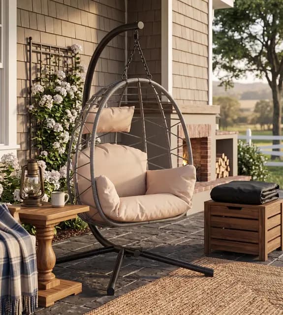 Silla Colgante con Soporte Metálico - Columpio Huevo 150 kg Cojines Incluidos - Estructura Estable para Jardín, Balcón o Patio - Hamaca Colgante Exterior Gris,Beige