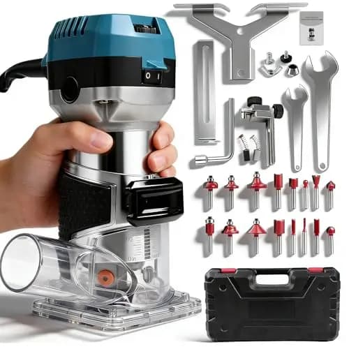 Fresadora De Madera Rebajadora Eléctrica, 1000W 30000 RPMfresadora de bordes recortadora de madera, 6 Velocidades Variables, enrutador de madera compacta Router de mano con 15 Piezas Fresas