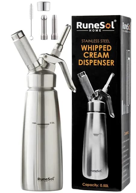 Runesol Sifón Cocina Acero Inoxidable Profesional 500ml, Sin Fugas, 3 Acero Boquillas, Sifón de Cocina para Espumas, Siphon Nata Montar para Decorar Pasteles, Postres, Ideal Productos de Cocina