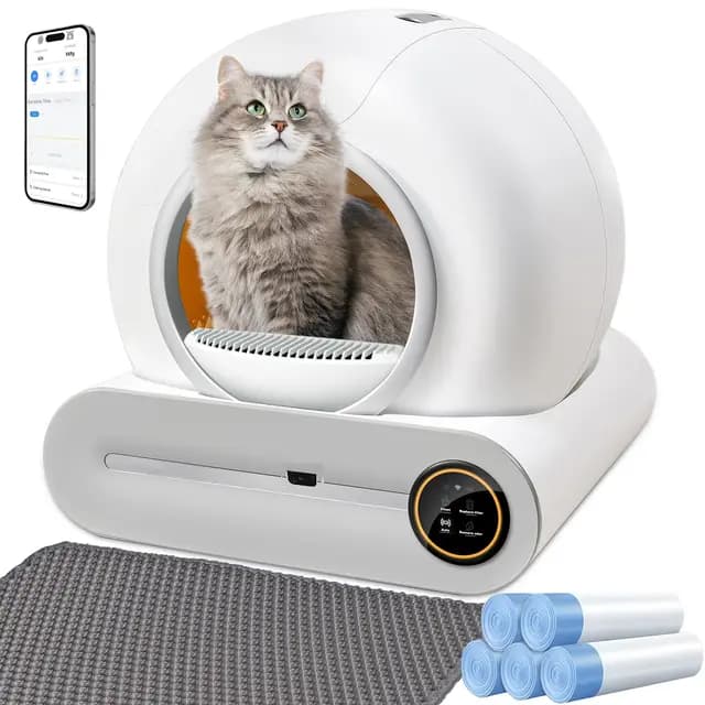 Arenero Gatos Autolimpiable, 74L Arenero Inteligente para Gato con Control App, Sin Fugas Orina, Eliminación de Olores con 5 Rollos Bolsas Basura y Tapetes Arena Gato para Varios Gatos (A)