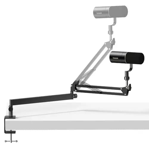TONOR Micrófono Boom Arm, Brazo Mic de Bajo Perfil, Soporte Microfono Mesa para Podcast/Streaming/Estudio Grabación/Studio, Totalmente Ajustable 360 ° Giratorio 90 ° Plegable, 38 cm +35cm, Negro,T20LP