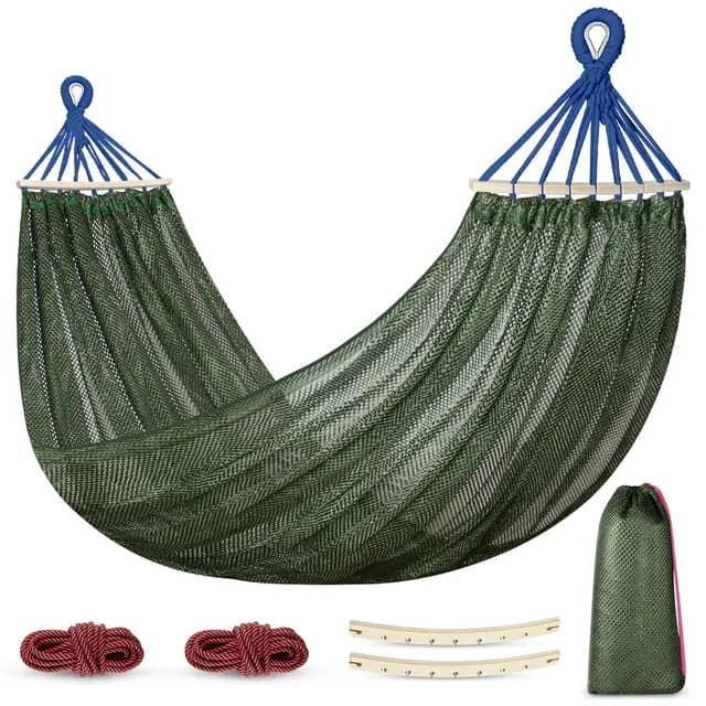 Hamaca Colgante de Red, Hamaca Jardin Exterior Hamaca Camping con Travesaños de Madera, 290 x 150 cm, Capacidad de Carga de 250 kg, Verde