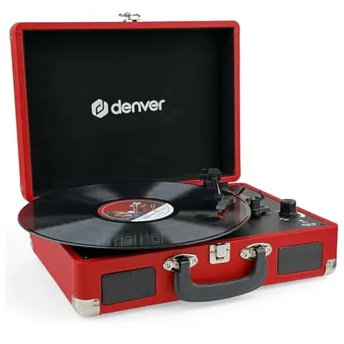 Denver VPL-120 Tocadiscos maletín Retro Rojo, 3 velocidades 33/45/78 RPM, Altavoces Integrados, grabación USB a PC, Salida Phono