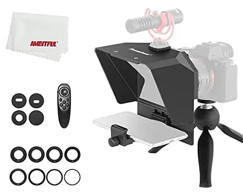 PRONSTOOR - Kit de teleprompter portátil para teléfono móvil, teleprompter, Video con Control Remoto para grabación de teléfono y DSLR (Mini teleprompter + Mini trípode)