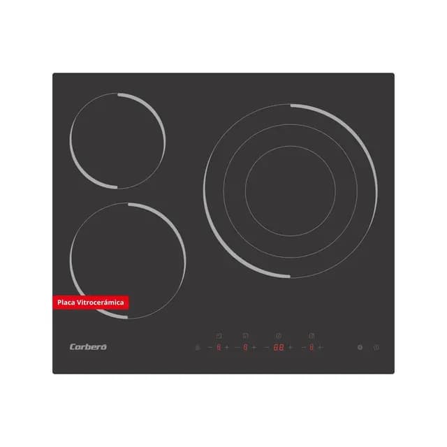 Corberó - Placa Vitrocerámica | CCVM3574 | 3 Zonas | Potencia 5700W | Control Touch | Zona Grande 30cm | Temporizador 99 Min | 9 Niveles Potencia | Desconexión Automática | Negro